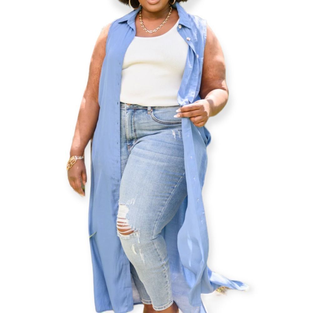 Blue Sleeveless Button Down Long Tunic Top NEW